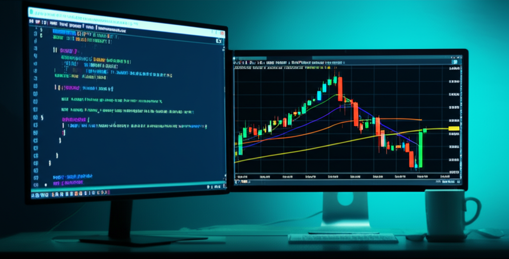 Como Criar um Expert Advisor de Cruzamento de Médias em MQL5 5 Tela do MetaEditor com código MQL5 e gráfico de médias móveis cruzando no MetaTrader 5