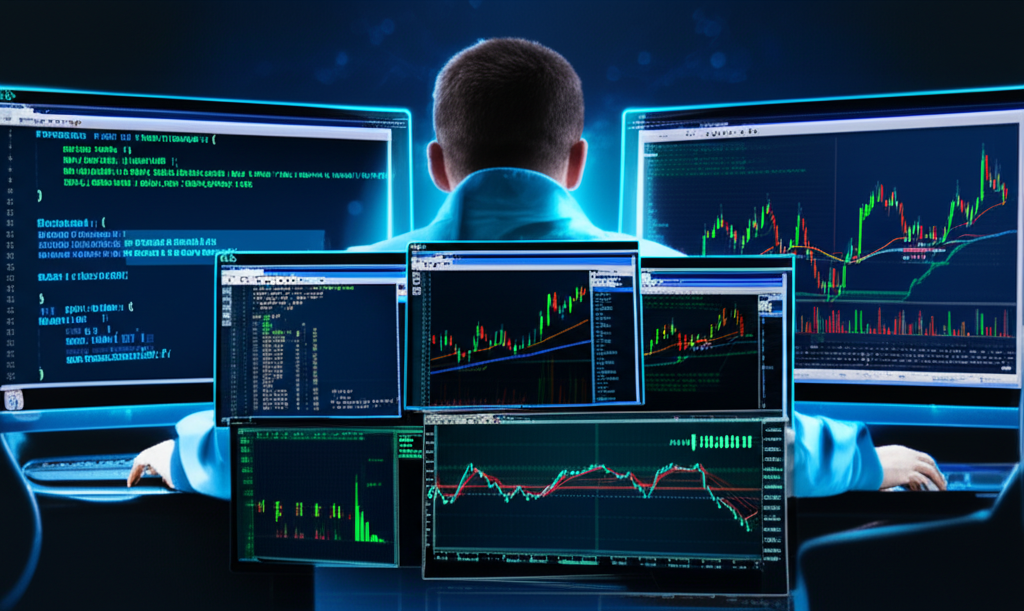 Como Criar Estratégia de Reversão de Tendência em MQL5 1 Código MQL5 no MetaEditor ao lado de um gráfico de MT5 com indicadores de sobrecompra e sobrevenda, representando estratégia de reversão de tendência.