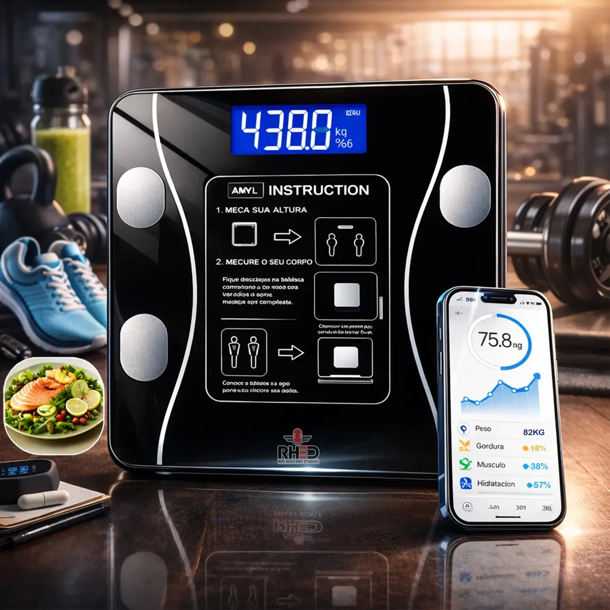 Balança digital de bioimpedância Bluetooth preta da RHEAD RED HIGH END STUDIOS, com superfície de vidro temperado, acompanhada de um smartphone exibindo o app de análise corporal (peso, gordura, músculo, etc.).