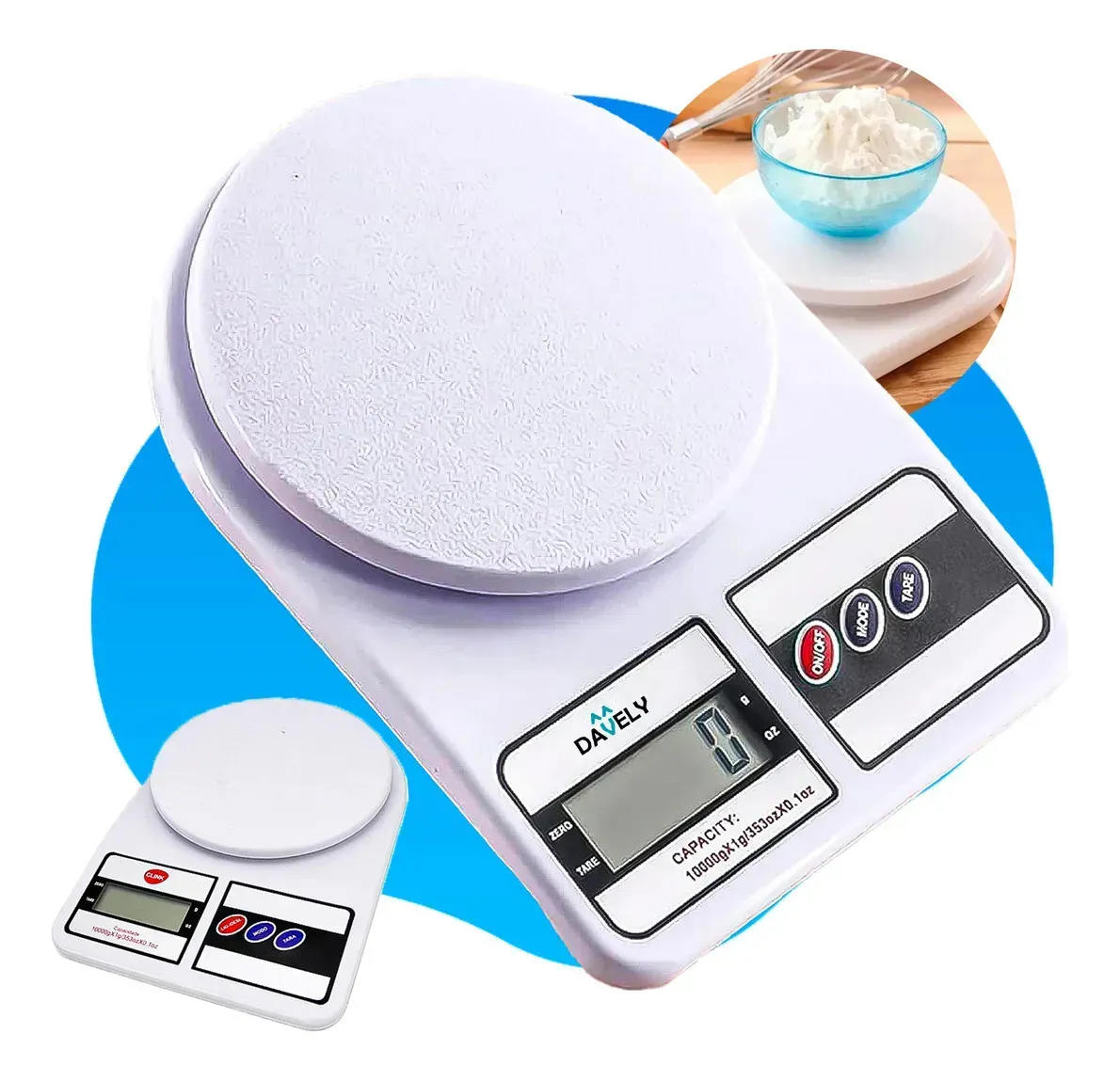 Balança Digital De Precisão 10kg Davely Cook Cozinha Para Uso Domestico E Profissional Fitness Ideal Para Dietas Treinos Alimentos Confeitaria Nutrição Branco 4 Balança digital de precisão 10 kg Davely Cook na cor branca, com display LCD mostrando 250 g, ao lado de alimentos de cozinha.