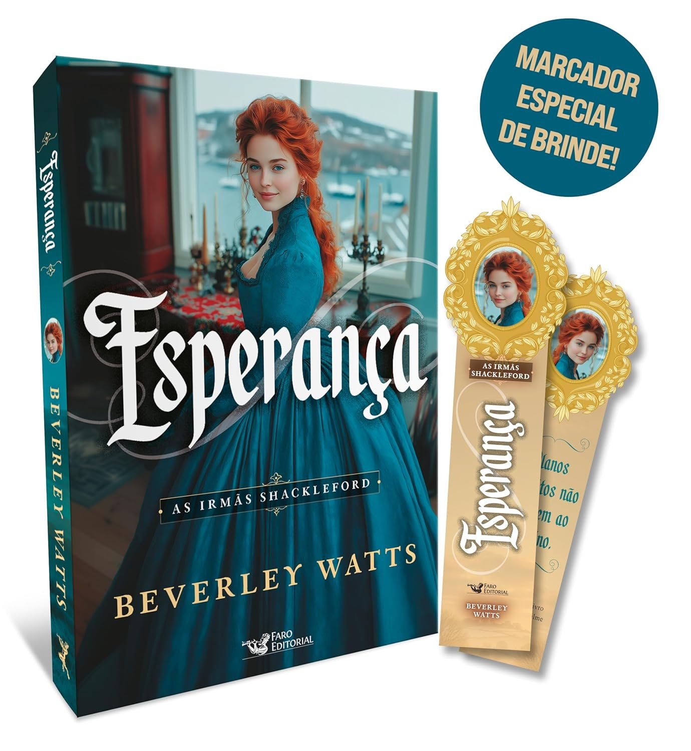 2 Capa do livro 'Esperança – Vol. 4: As irmãs Shackleford' mostrando a mansão Blackmore decorada para o Natal, com um forasteiro misterioso desmaiado ao lado de uma jovem prática e determinada, sob luzes festivas e neve ao fundo.