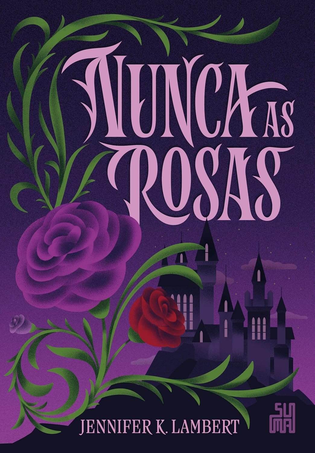 Capa do livro 'Nunca as rosas' mostrando a feiticeira Oneira diante de uma fortaleza branca gelada, acompanhada de um lobo lendário, a gata Moriá e um falcão antigo, com uma biblioteca mágica ao fundo.