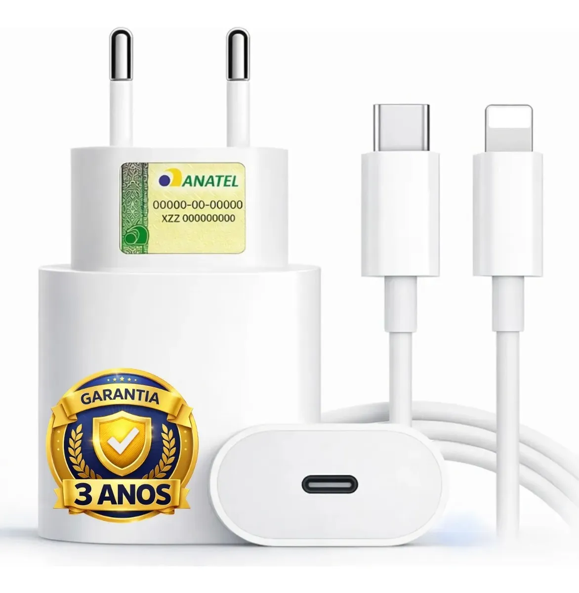Carregador Boyu Cell FK‑UR29 20W USB‑C branco com cabo USB‑C para Lightning ao lado de iPhone 13 Pro Max em carregamento rápido