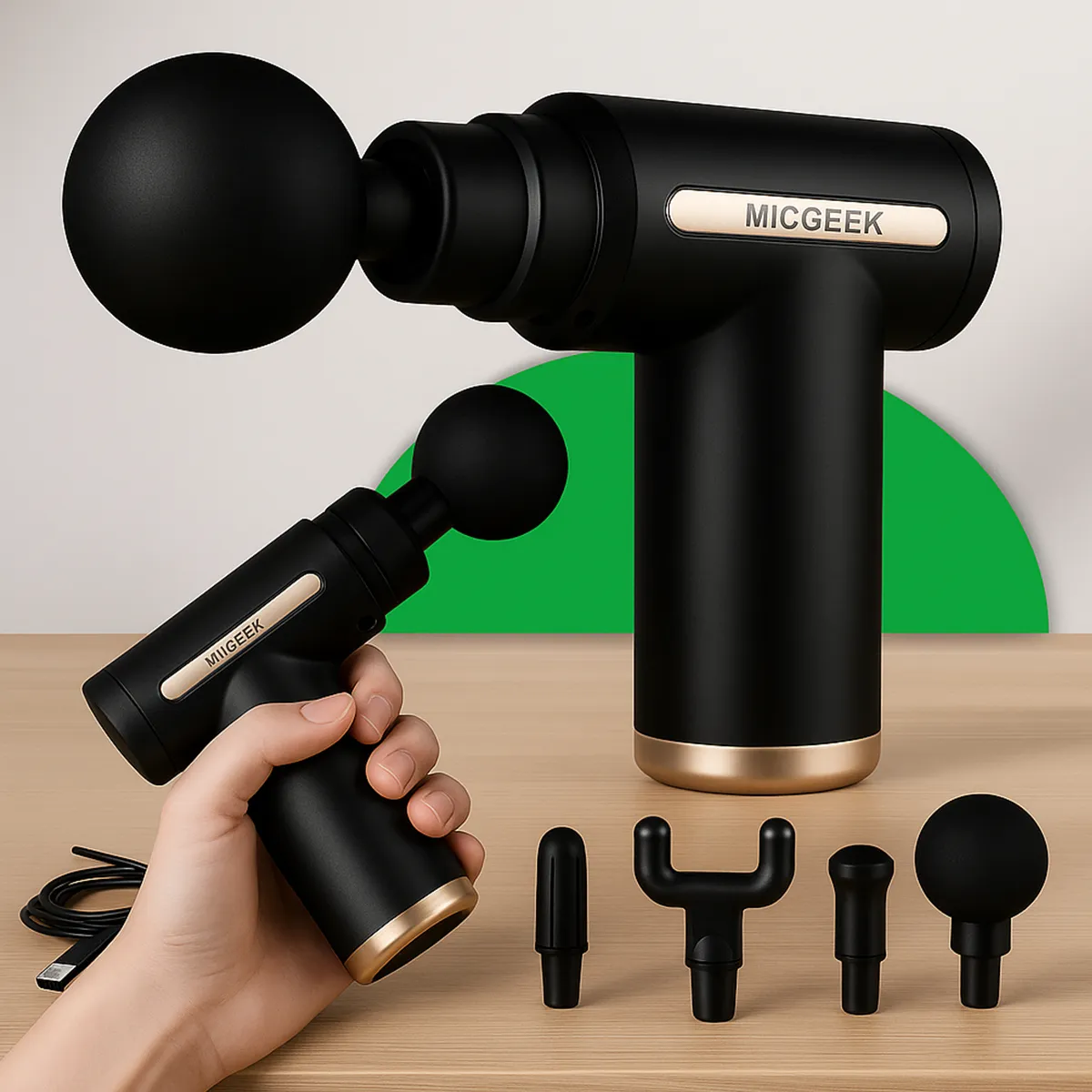 Micgeek professional electric massage gun with four interchangeable heads (bullet, flat, round, U‑shaped) and USB‑C charger, shown on a dark surface.