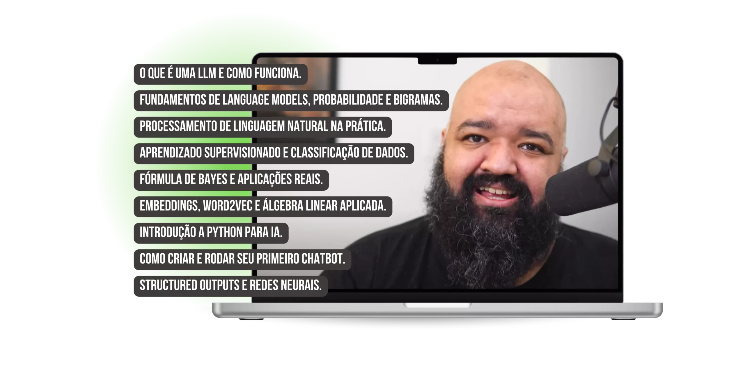 O Senhor das LLMs Autor: Caio Gomes 3 Caio Gomes apresentando o curso O Senhor das LLMs, rodeado de elementos visuais de LLMs, IA e diagramas de RAG.