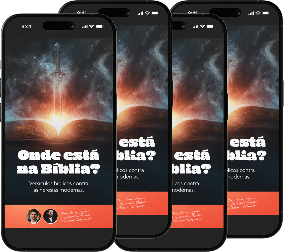 Onde está na Bíblia - Versículos bíblicos contra as heresias modernas", 4 Ilustração de uma Bíblia aberta com versículos destacados, mapa da Terra Santa, ícones arqueológicos e um smartphone mostrando o e‑book “Onde está na Bíblia”.