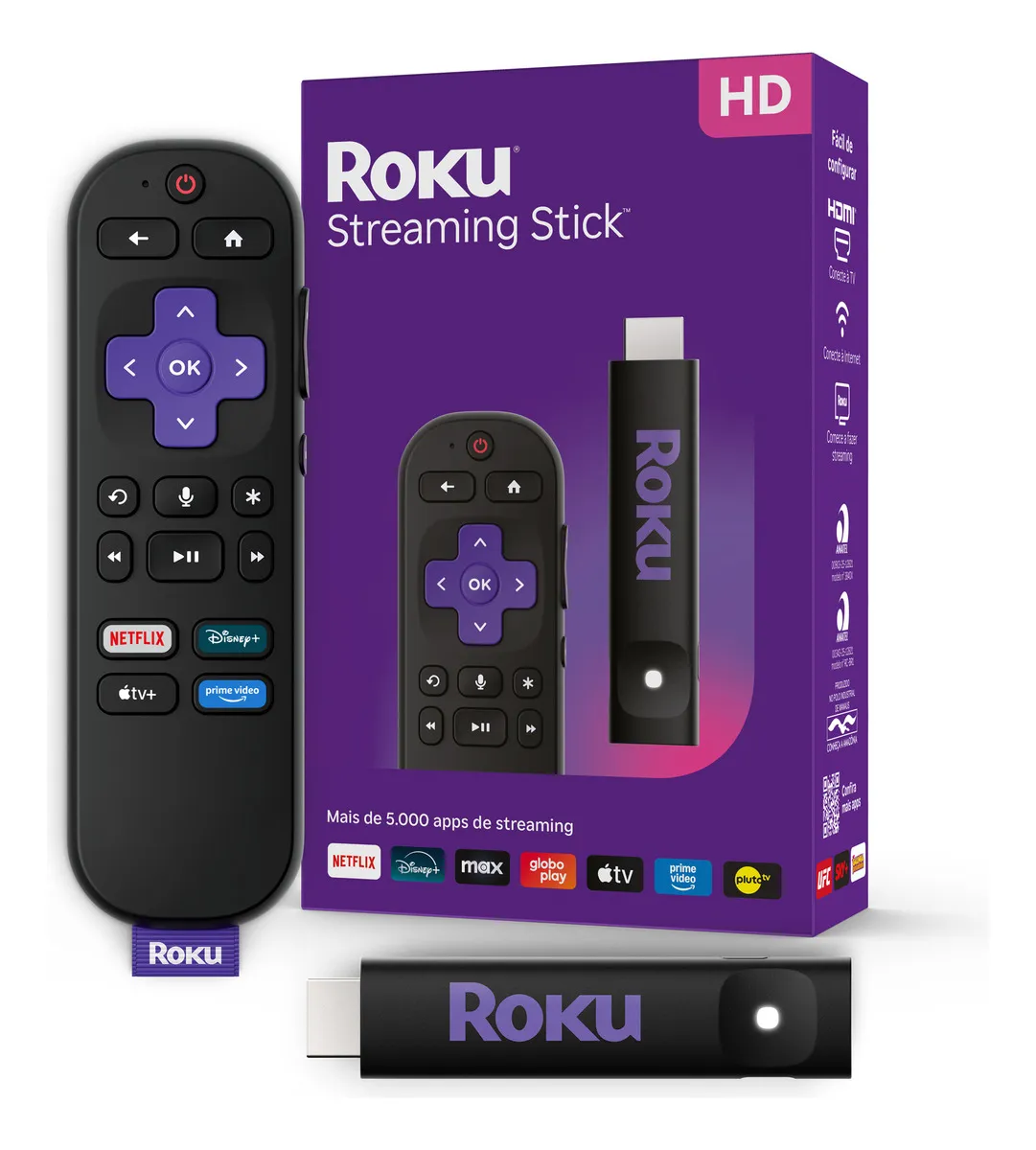 Roku Streaming Stick 2025 preto conectado a TV HD/FHD com controle remoto por voz ao lado