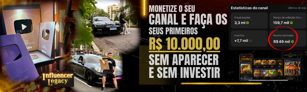 Tio San, influencer brasileiro, em estúdio digital moderno, segurando smartphone com logo do YouTube e símbolos de dinheiro ao fundo