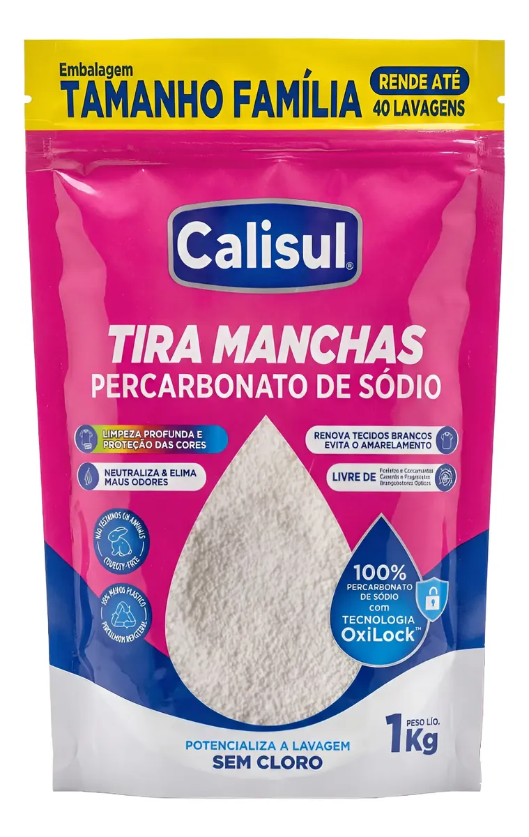 Tira Manchas Percarbonato Calisul Brancas E Coloridas - 1kg 8 Embalagem de 1 kg de Tira Manchas Percarbonato Calisul – Brancas e Coloridas, em fundo branco com amostra de tecido manchado ao lado.