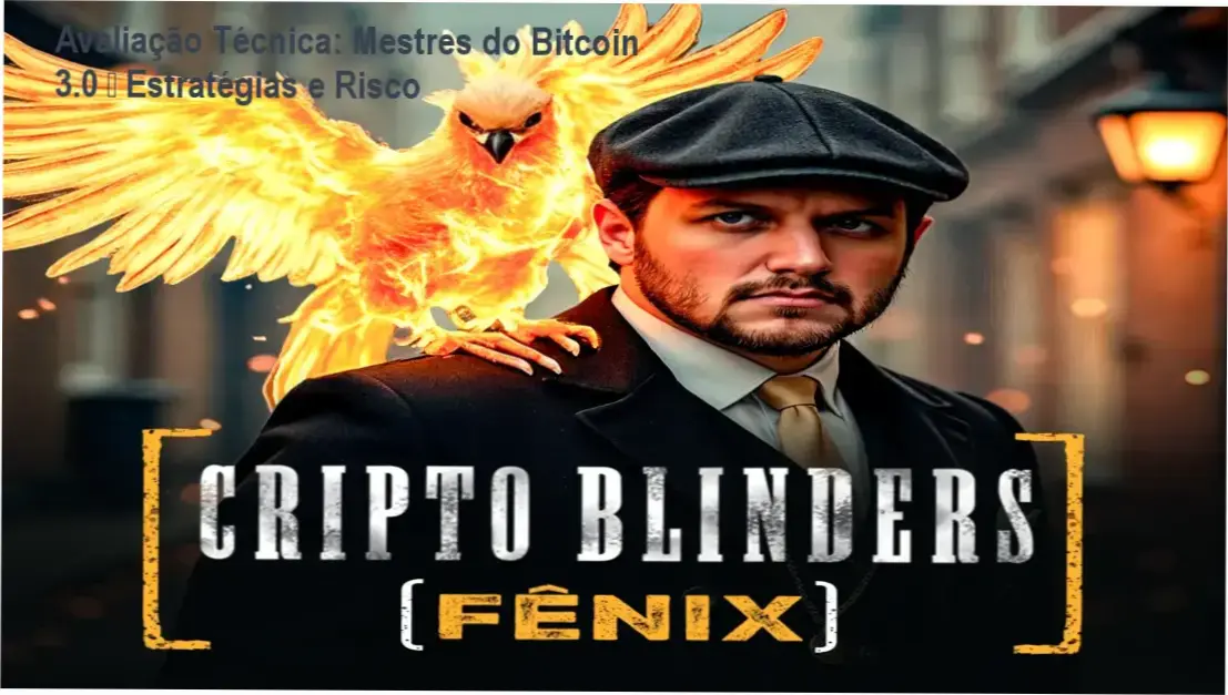Capa do curso Mestres do Bitcoin 3.0 mostrando gráfico de análise técnica e ferramentas de risco