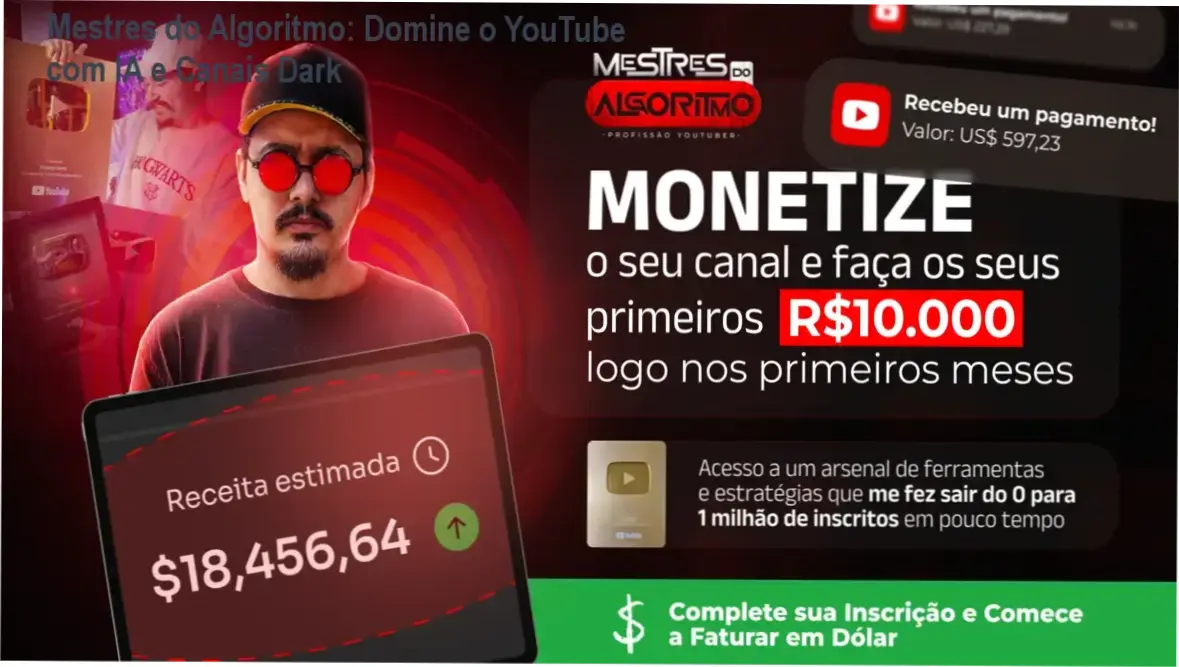 Mestres do Algoritmo: Domine o YouTube com IA e Canais Dark 1 Imagem ilustrando o Mestres do Algoritmo com elementos de automação e canais sem rosto.